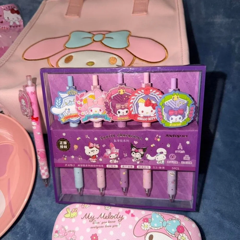 Sanrio My Melody pink lunch bag, plate, pen set, and glasses case